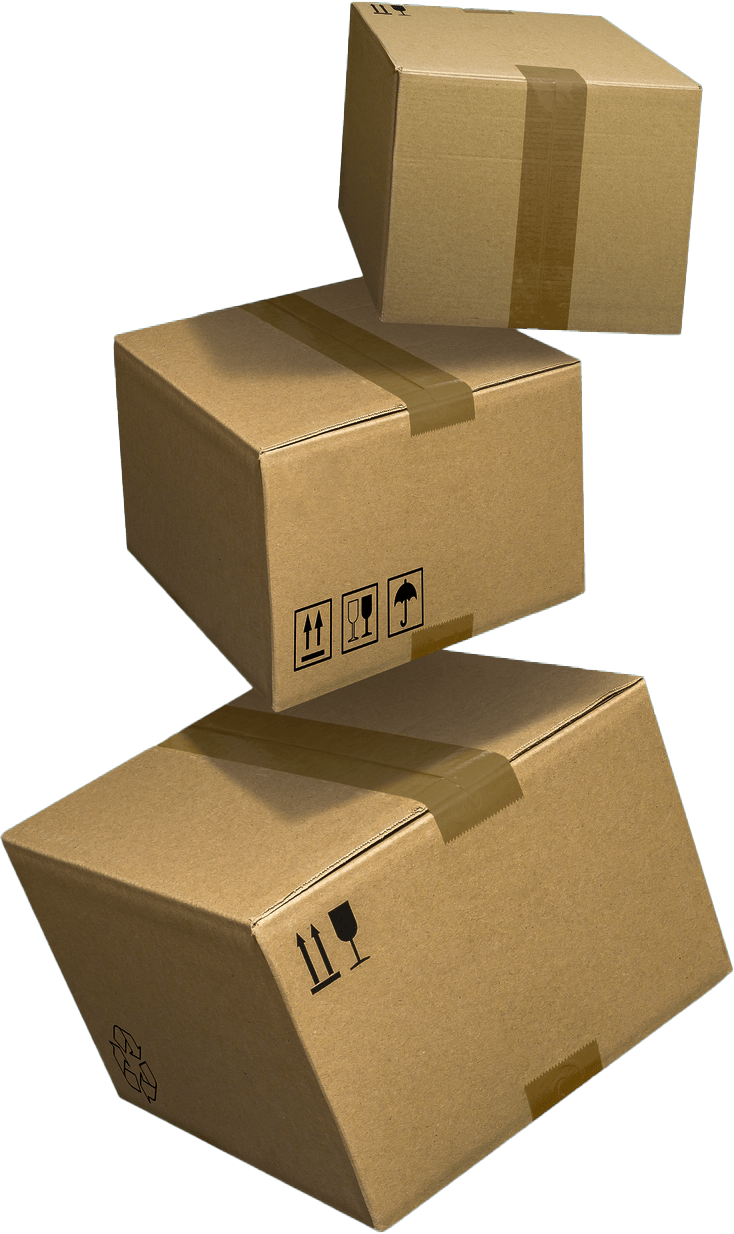 Stacked cardboard boxes with tape and handling symbols, emphasizing packaging for shipping or storage, relevant for e-commerce logistics.